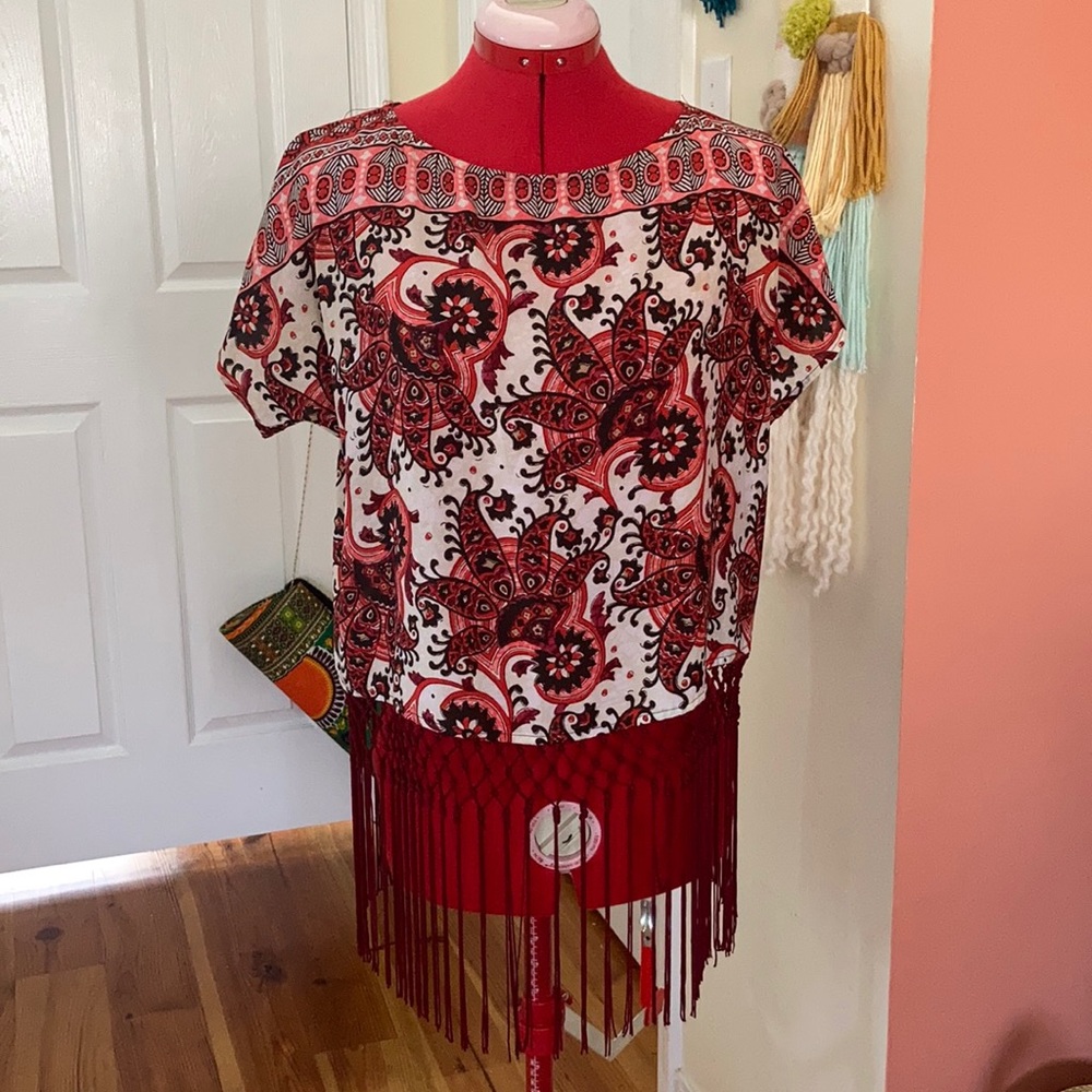 Michael Kors Padua Paisley Fringe Top Medium
